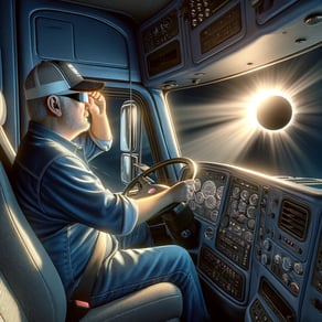 DALL·E 2024-04-05 19.04.37 - Craft an ultra-realistic image depicting the driver inside the blue T680 Kenworth semi-truck during the solar eclipse, capturing the moment the driver