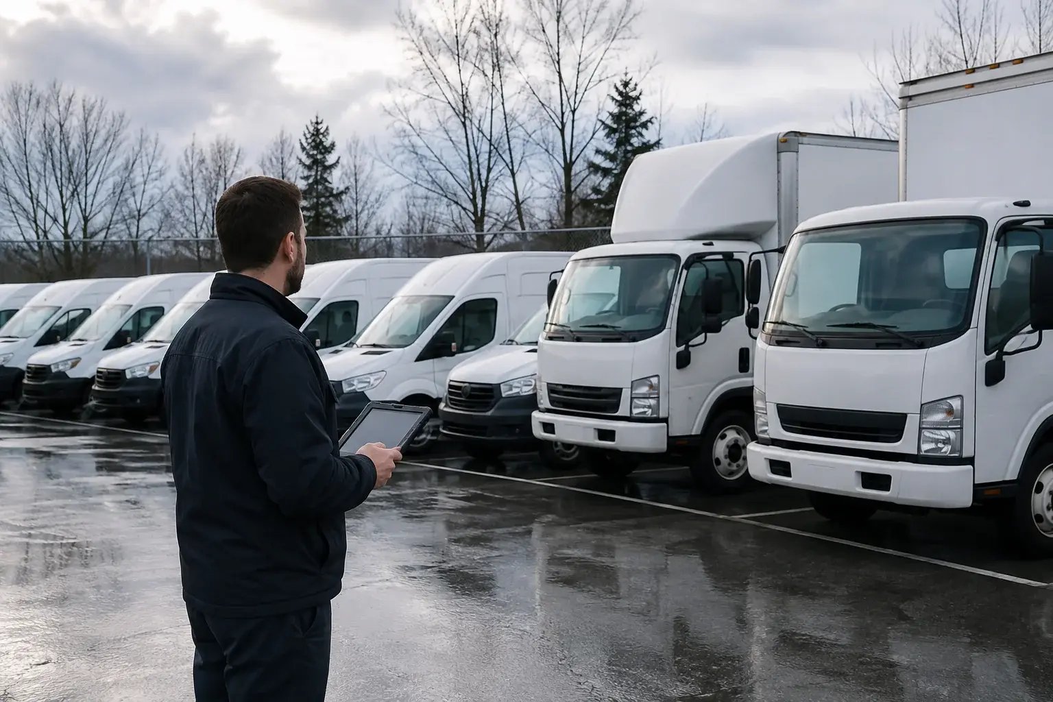 Fleet manager reviewing a row of unbranded commercial vans and box trucks at a Canadian depot