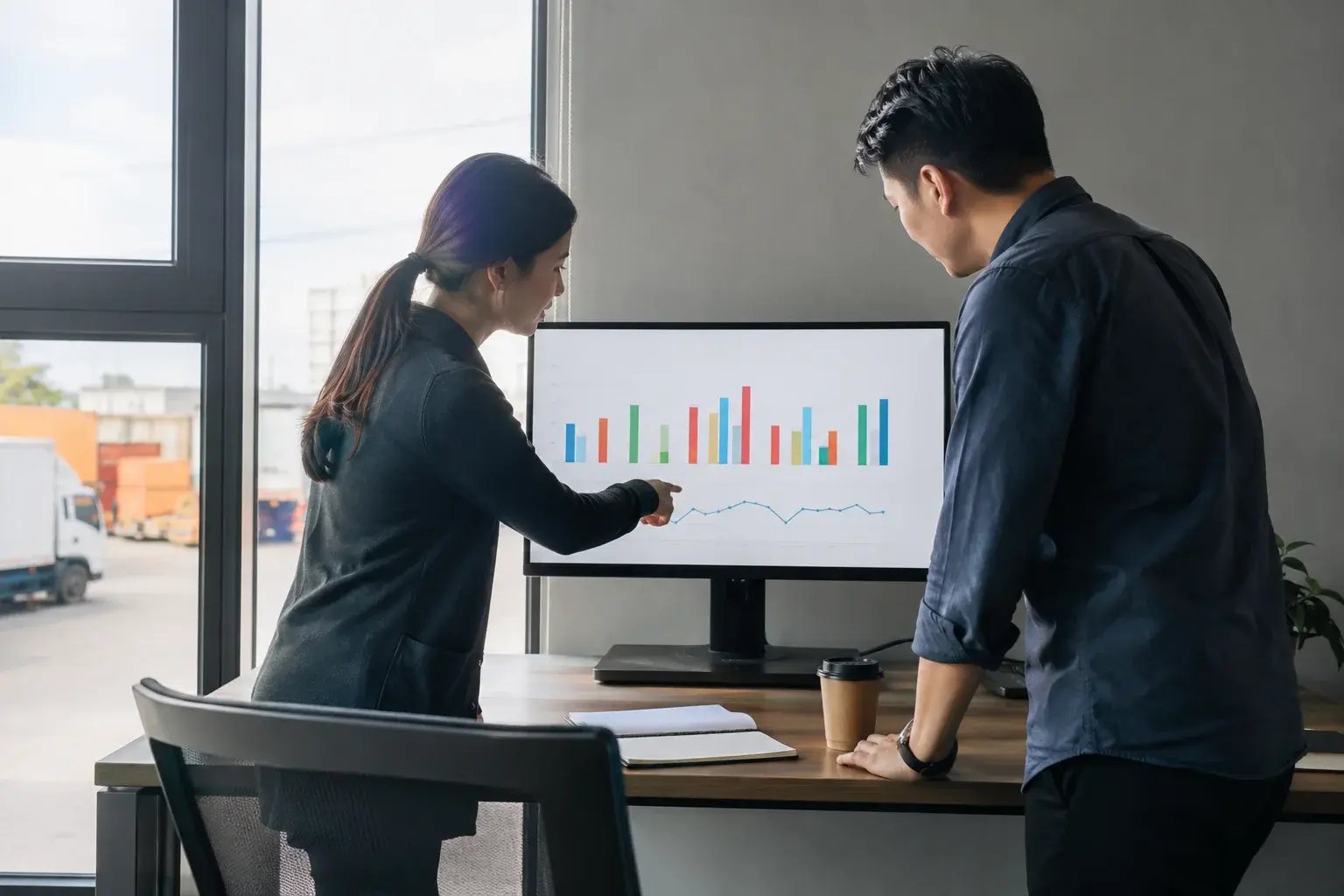 Two colleagues reviewing fleet utilization and cost reporting on a monitor in a transport office