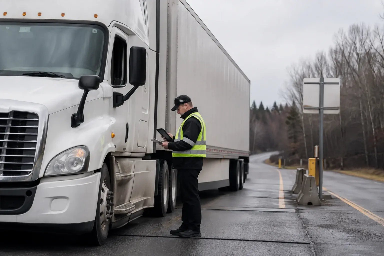 Contrôleur en transport vérifiant des registres sur tablette près d'un camion lors d'un contrôle routier au Canada