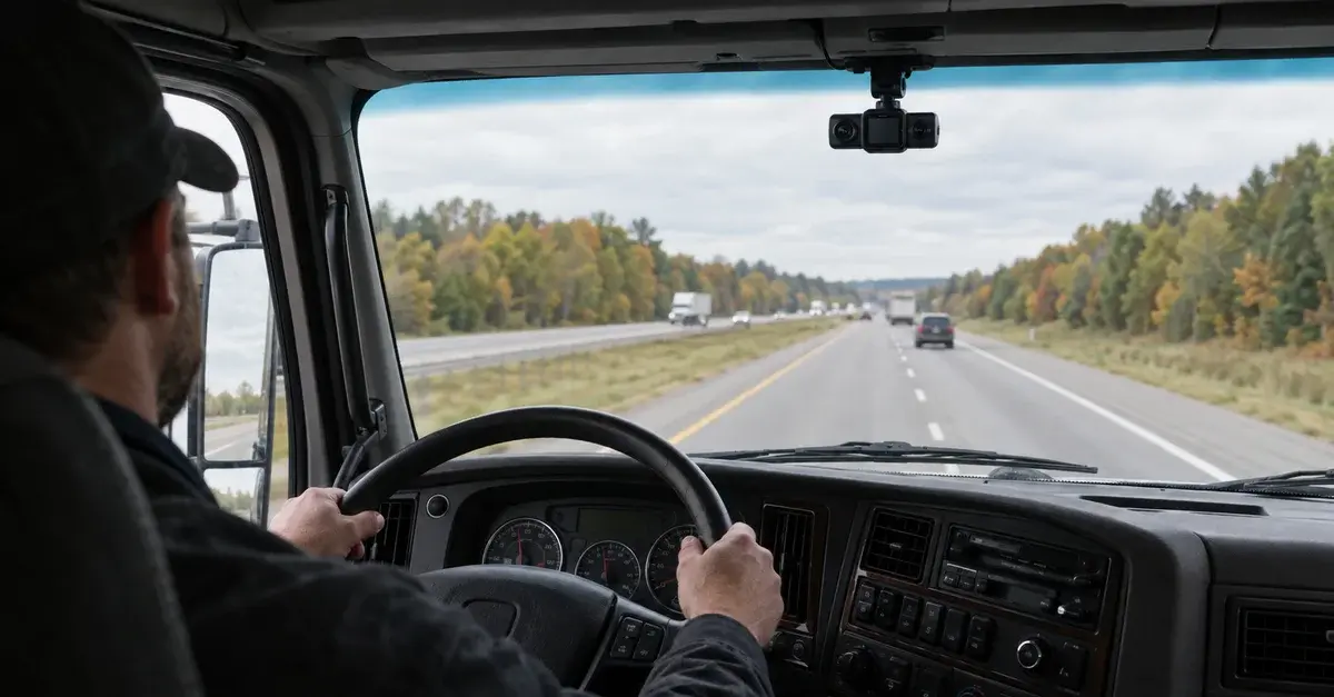 Caméra embarquée fixée en haut du pare-brise d'un camion lourd, tournée vers l'autoroute devant le chauffeur