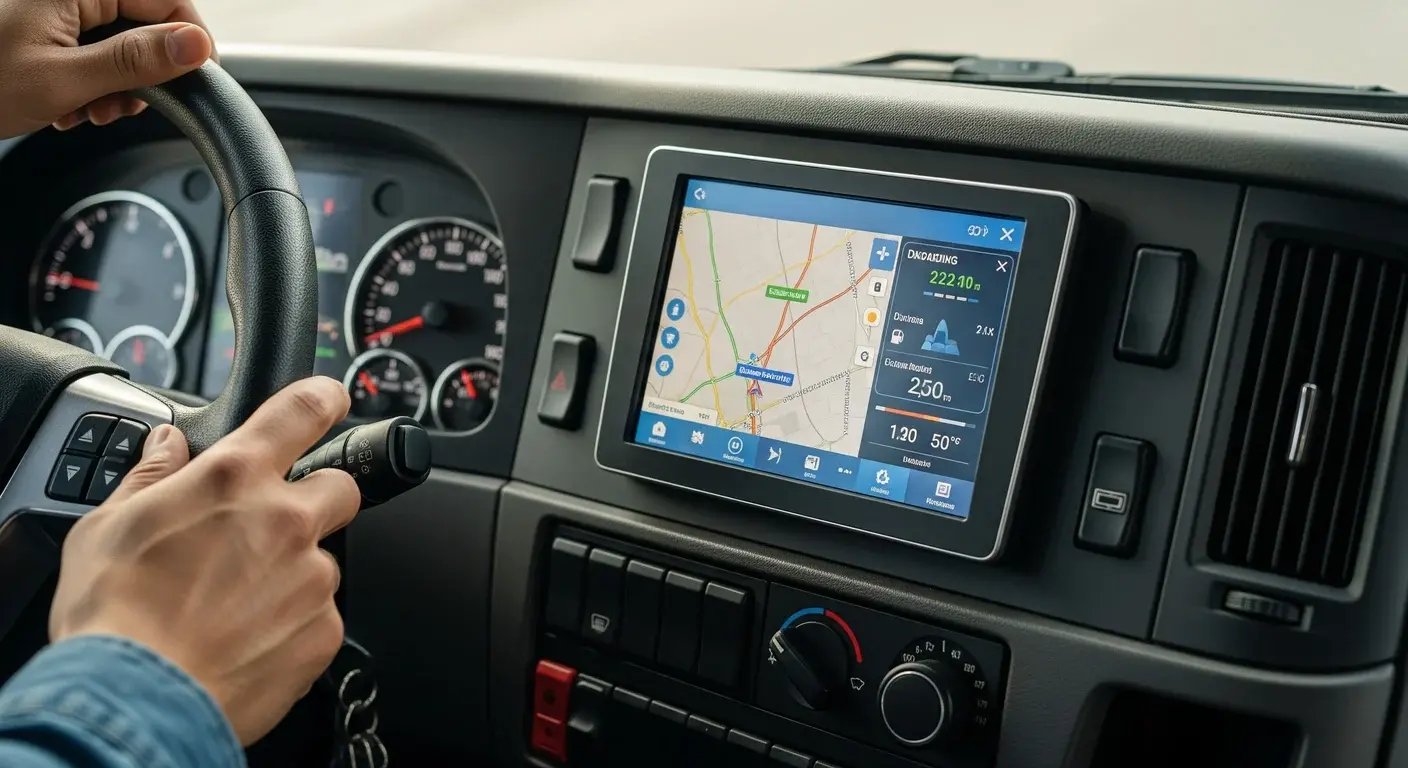Commercial truck GPS display showing real-time navigation and telematics data in driver cab