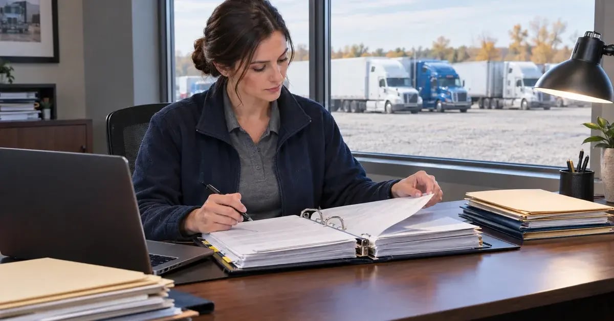 Responsable de la conformité du transport commercial qui vérifie un classeur de fiches d'entretien au bureau