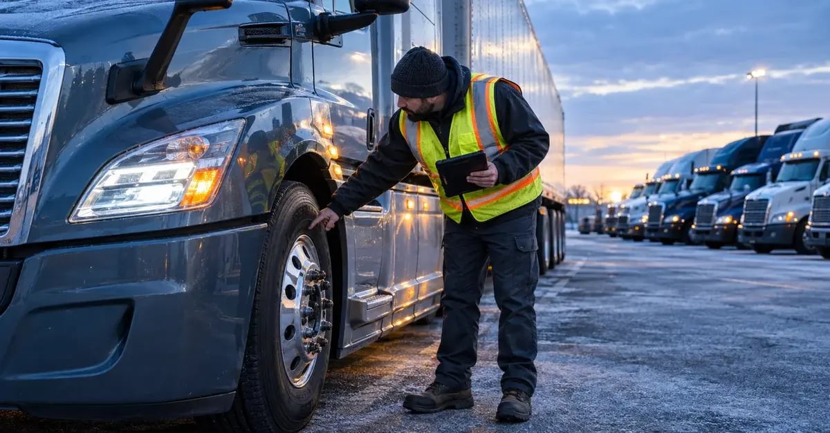Chauffeur qui fait sa ronde de sécurité à l'aube avant le départ, une exigence de conformité du transport commercial