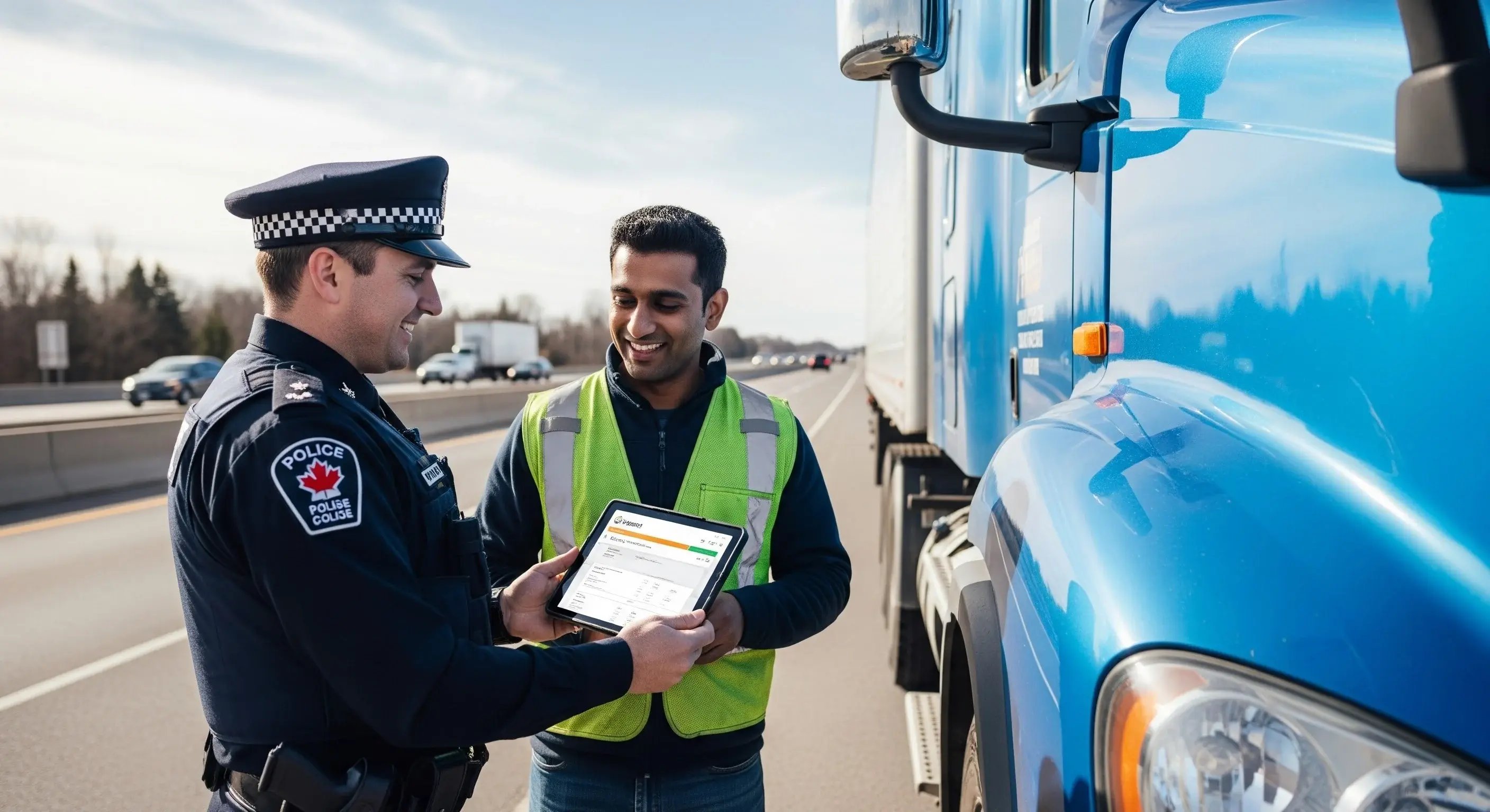Truck driver presenting ELD compliance records on tablet during Transport Canada roadside inspection