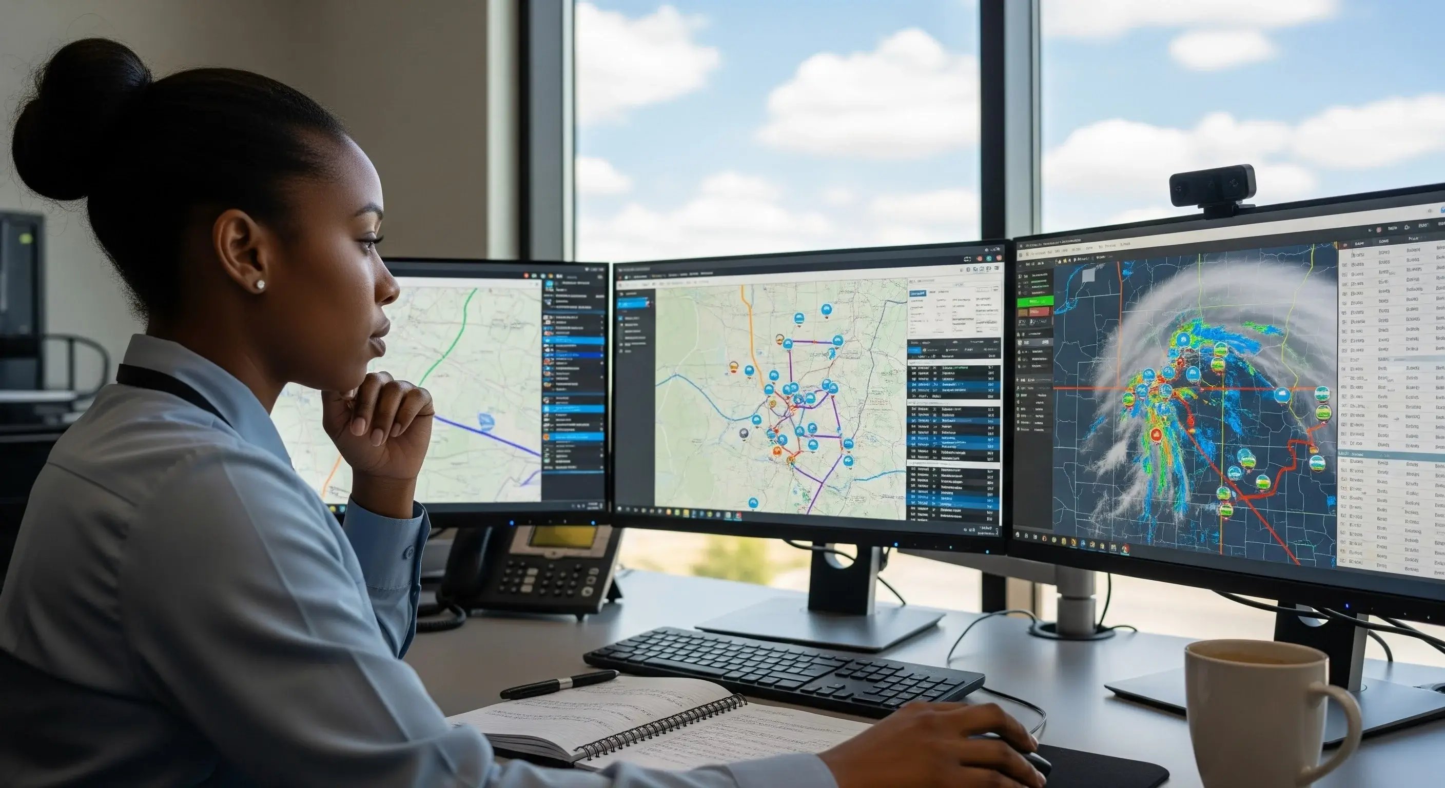 Fleet dispatcher monitoring real-time GPS tracking and route optimization across multiple screens