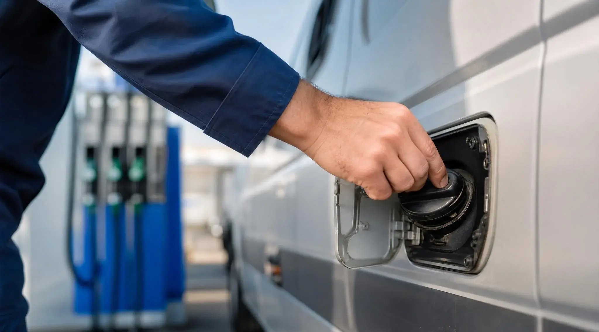 Fleet driver tightening the fuel cap of a commercial van at a gas station to prevent P0455 EVAP leak codes