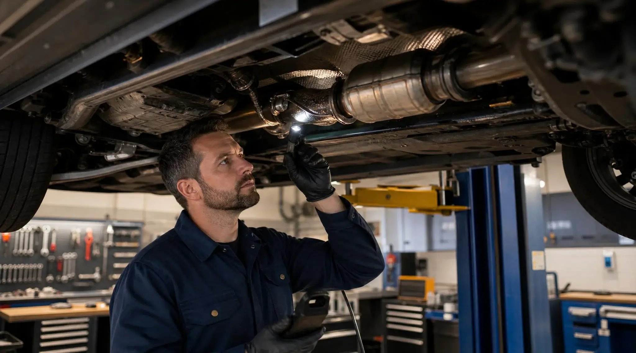 Mécanicien de flotte professionnel inspectant le système d'échappement et le pot catalytique sous un véhicule sur un pont élévateur dans un atelier