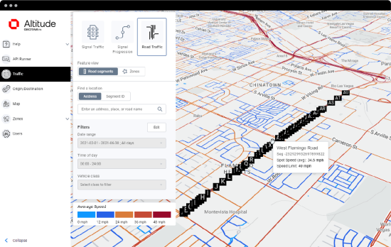 Tableau de bord de Geotab ITS d'Altitude montrant des véhicules se déplaçant dans un paysage urbain, représentant le flux de trafic et la surveillance de l'infrastructure routière.