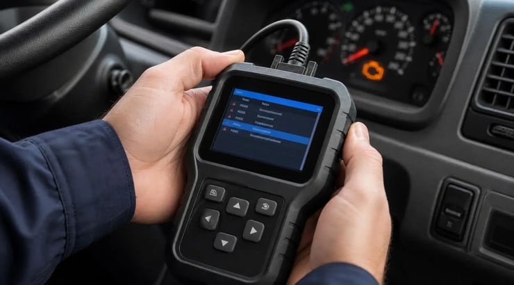 Fleet technician using a handheld OBD-II diagnostic scanner to read fault codes inside a commercial truck cabin