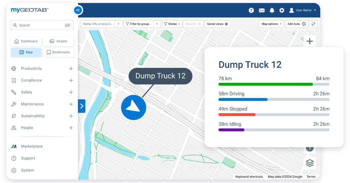 MyGeotab dashboard interface displaying construction fleet management metrics and construction vehicle tracking data