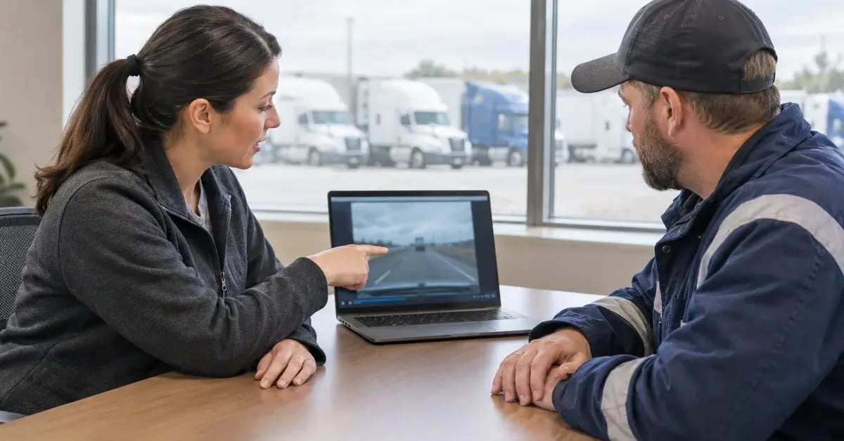 Fleet safety manager reviewing truck dash camera footage on a laptop with a driver during a coaching session