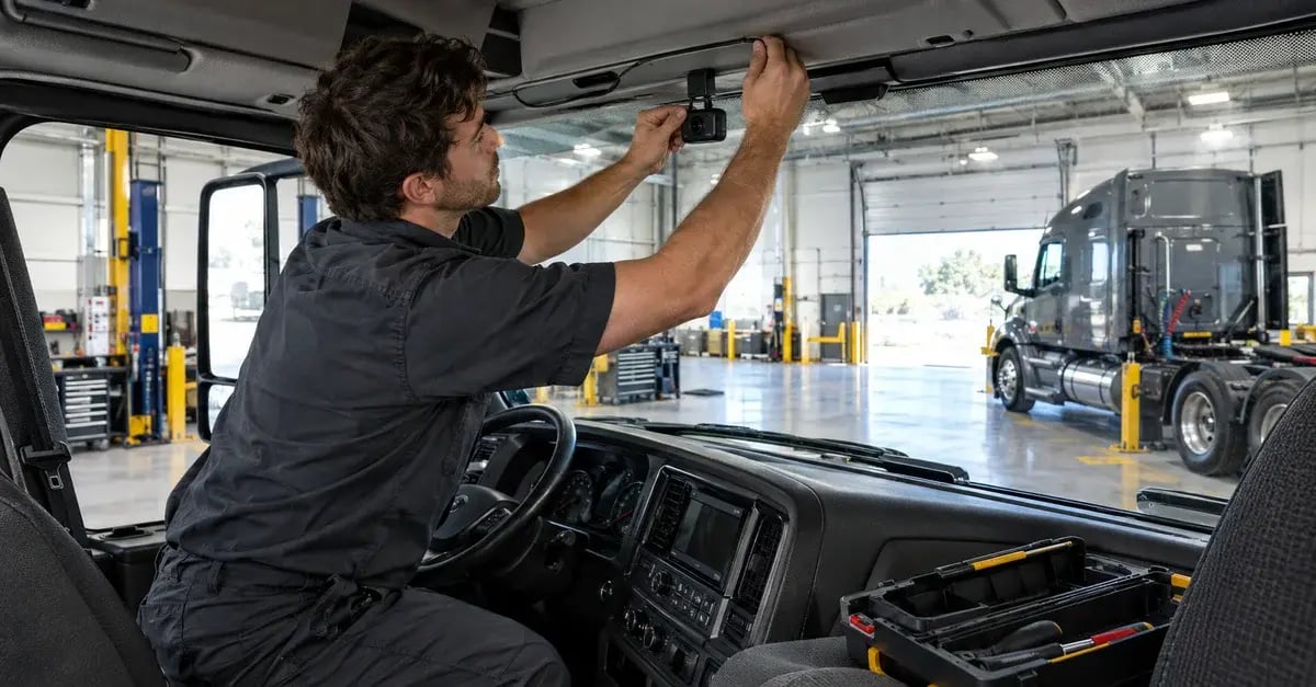 Technician installing a truck dash camera near the windshield and routing its power cable along the headliner