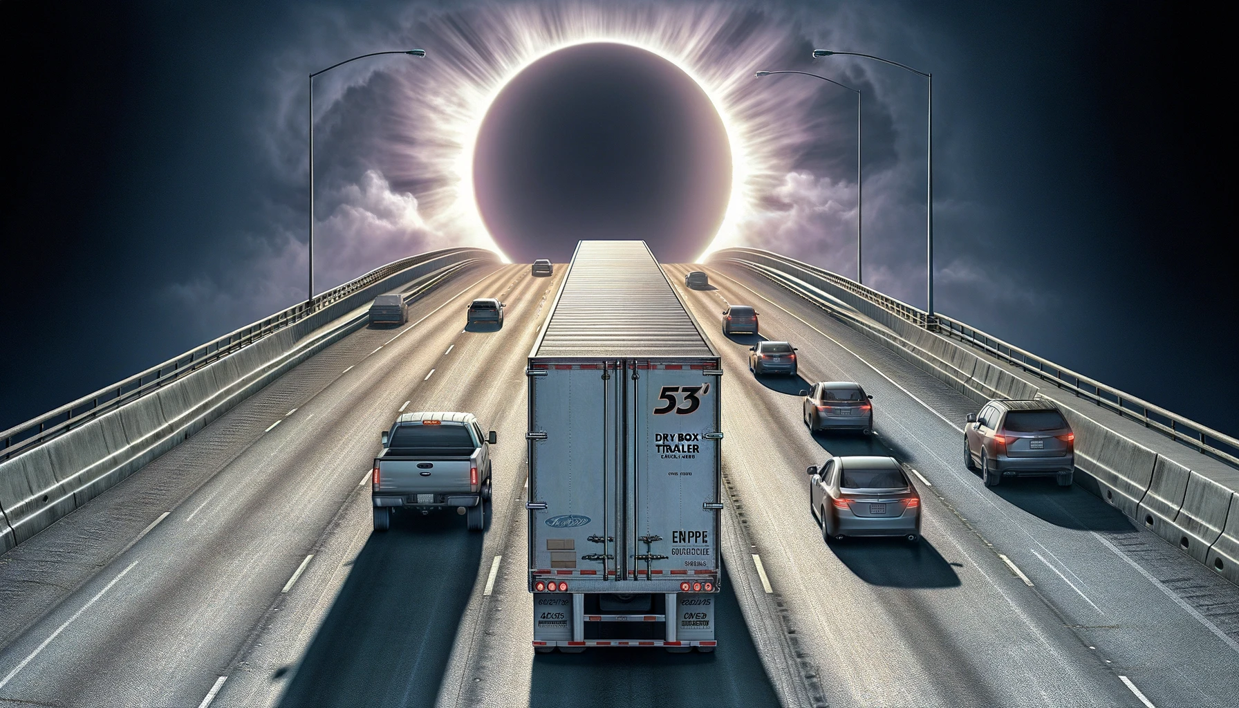 semi-truck driving towards solar eclipse